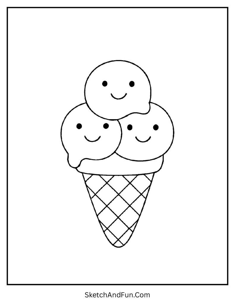 Smiling ice cream cone with scoops as easy food coloring pages printable.