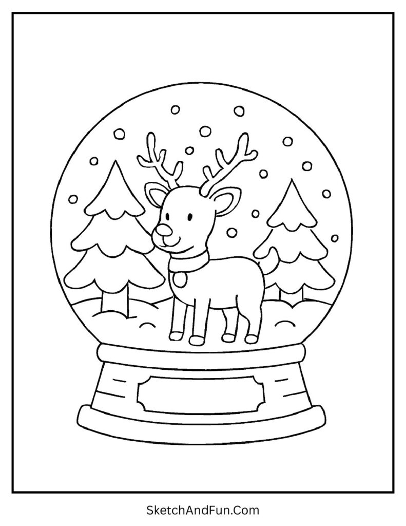 Christmas coloring book pages snow globe with reindeer inside