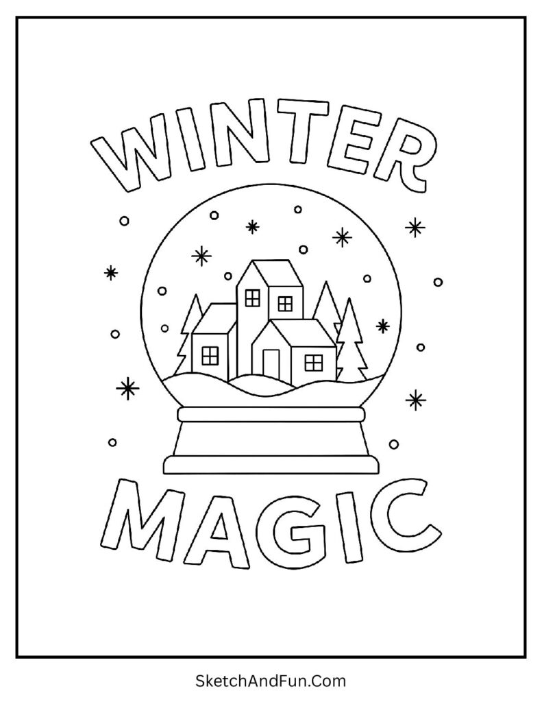 Christmas coloring pages snow globe with Winter Magic snowy houses