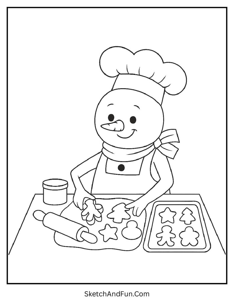 Snowman coloring pages online featuring snowman baking Christmas cookies