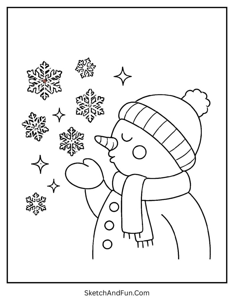 Snowman coloring pages minimal design blowing magical snowflakes