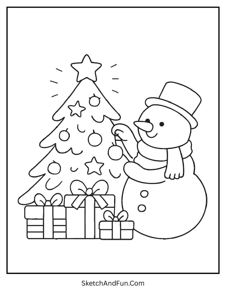 Snowman coloring book pages with snowman decorating a Christmas tree