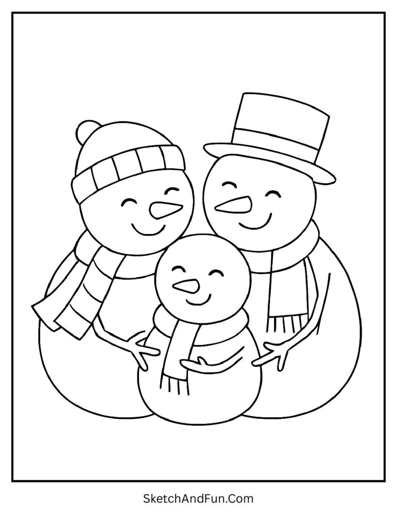 Christmas coloring pages family scene with snowman family hug