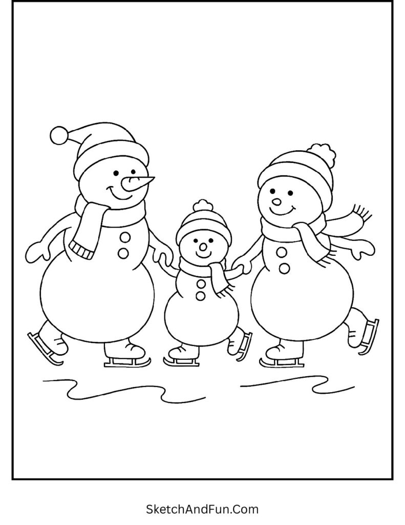 Snowman coloring pages winter scene with snowman family ice skating
