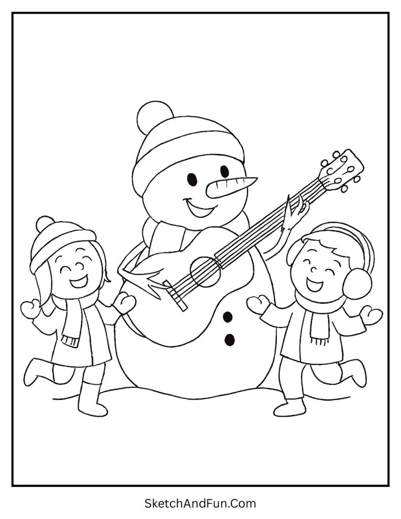 Snowman coloring pages for preschool featuring snowman playing guitar