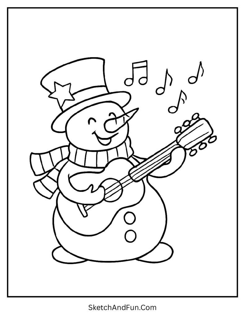 Musical snowman entertains friends, Christmas coloring pages cute cartoon Santa.