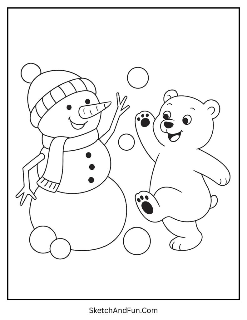 Snowman coloring pages winter scene of snowman playing with polar bear