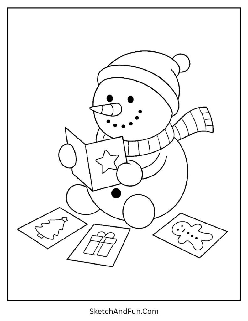 Snowman coloring pages themed set of snowman reading Christmas cards