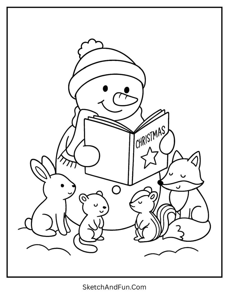 Snowman coloring pages for teachers with snowman reading storybook