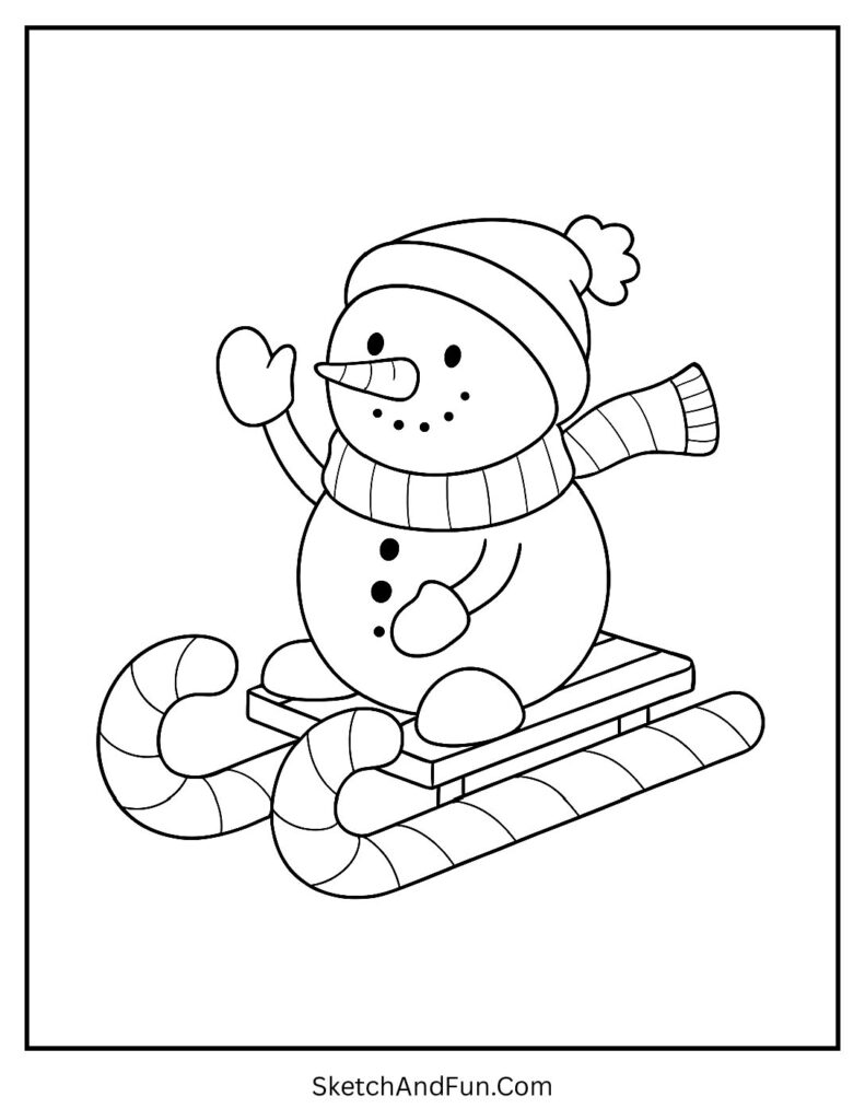 Snowman coloring pages simple with candy cane sled winter design