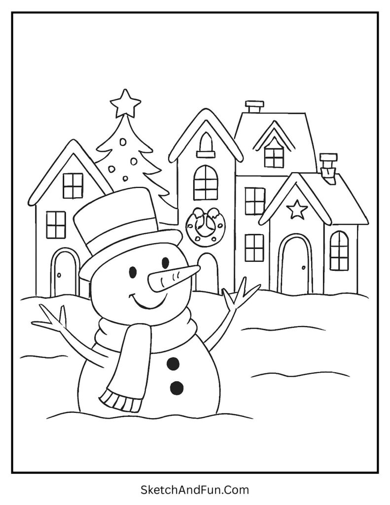 Snowman coloring pages bundle pdf showing snowman and Christmas village