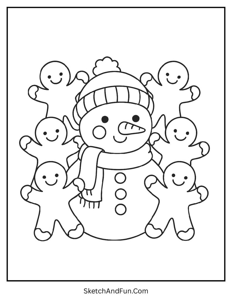 Snowman coloring pages themed set with snowman and gingerbread friends
