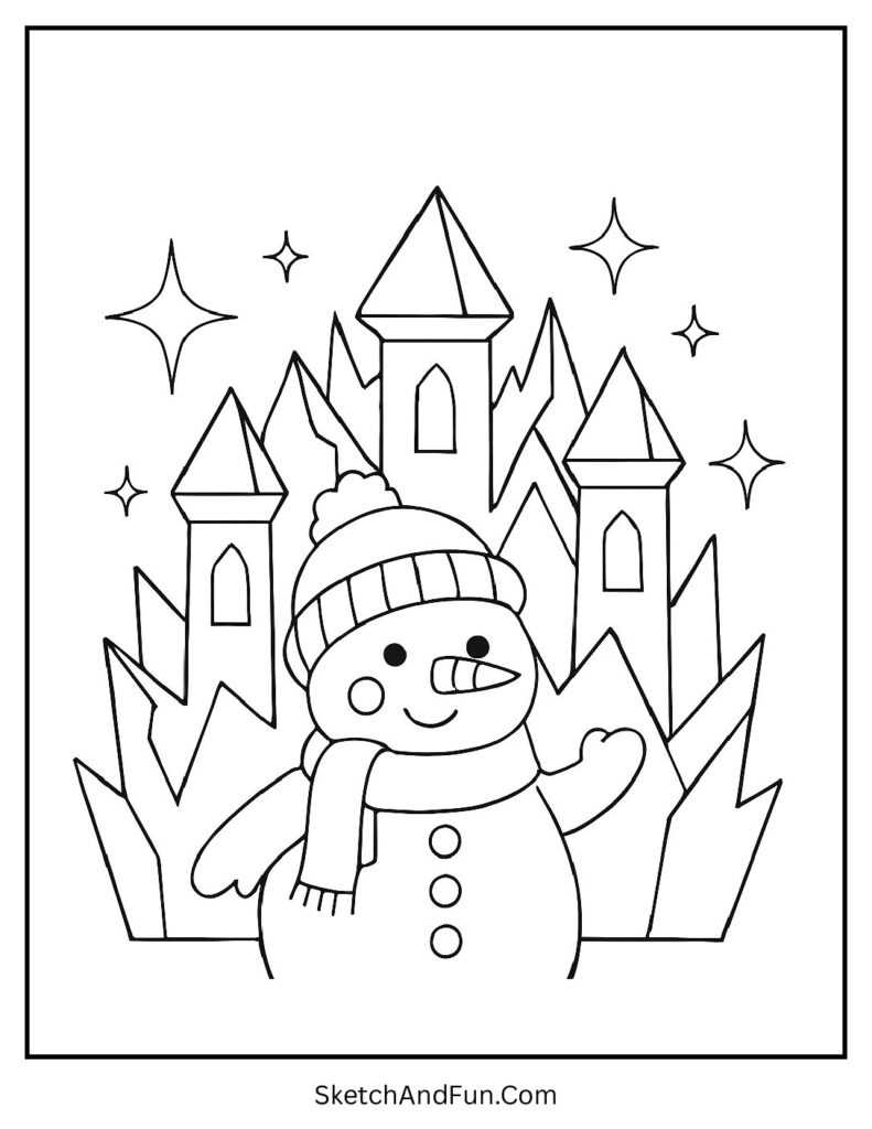 Detailed snowman coloring pages featuring snowman and sparkling ice castle