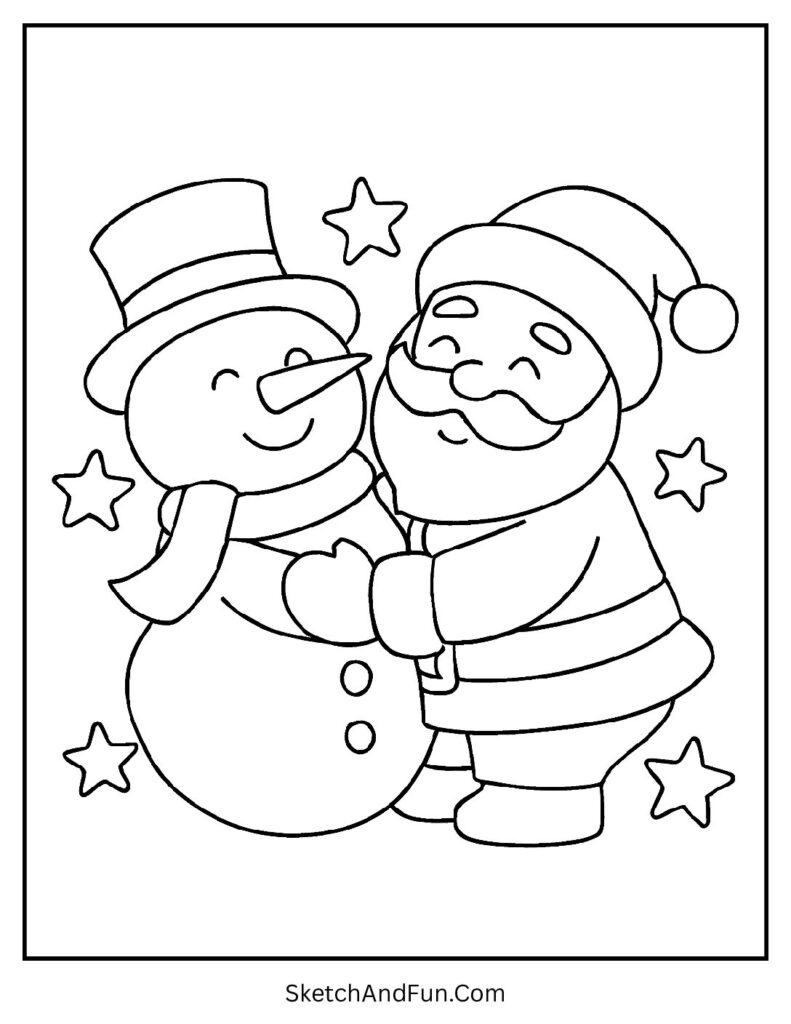 Snowman coloring pages for kids showing snowman hugging Santa Claus