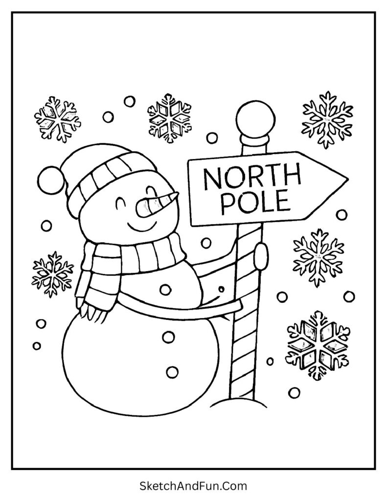 Snowman coloring pages for toddlers featuring North Pole snowman design
