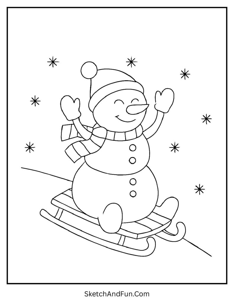 Snowman on a Sleigh Ride Coloring Page pdf