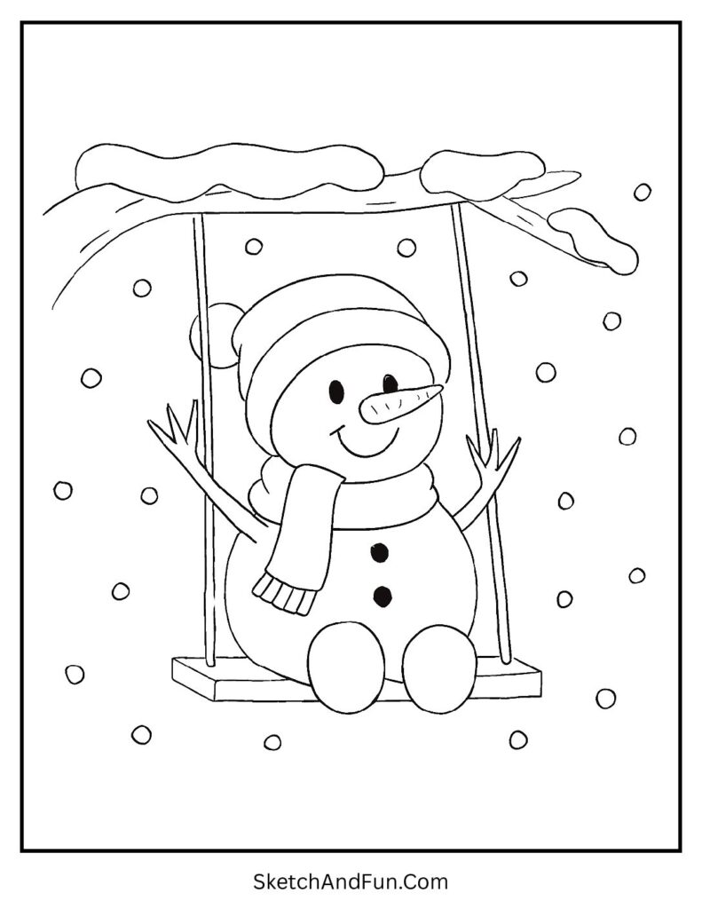 Snowman coloring pages outline of snowman on swing with falling snow