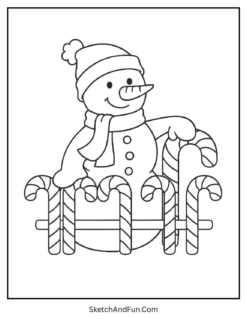 Snowman coloring pages simple shapes with snowman at candy cane fence