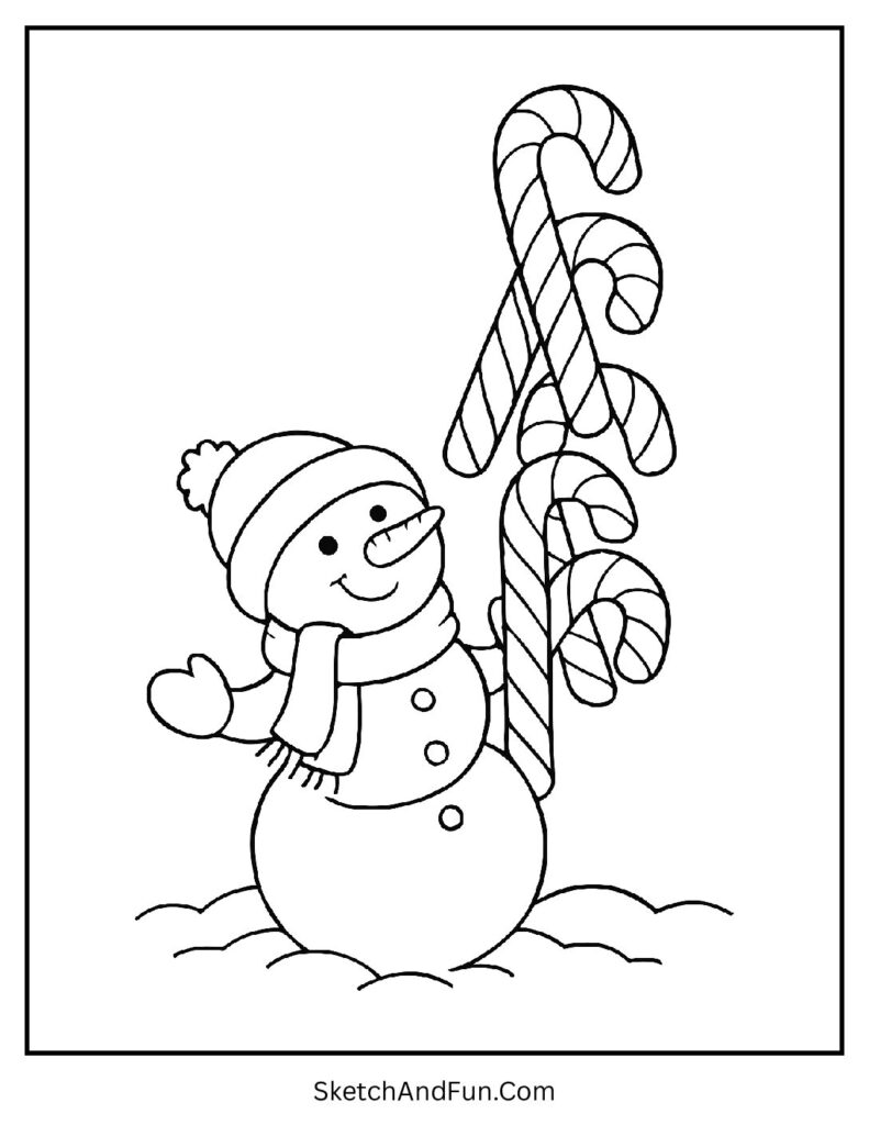 Snowman coloring pages medium difficulty with candy cane tower design