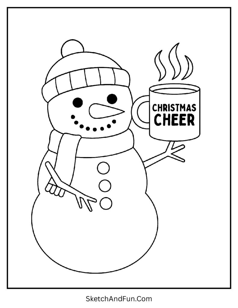 Snowman coloring pages fun with cocoa cup saying “Christmas Cheer”