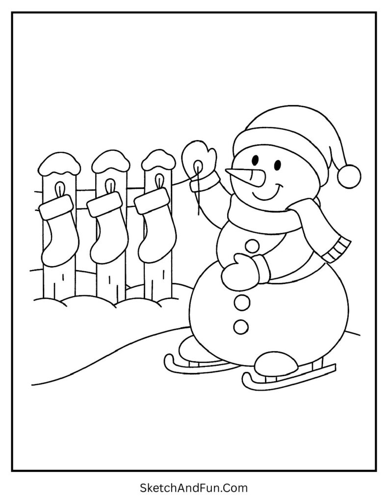 Snowman coloring pages activity sheets with stockings on a snowy fence