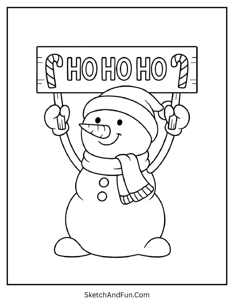Cute snowman coloring pages with “Ho Ho Ho” holiday sign and candy cane details