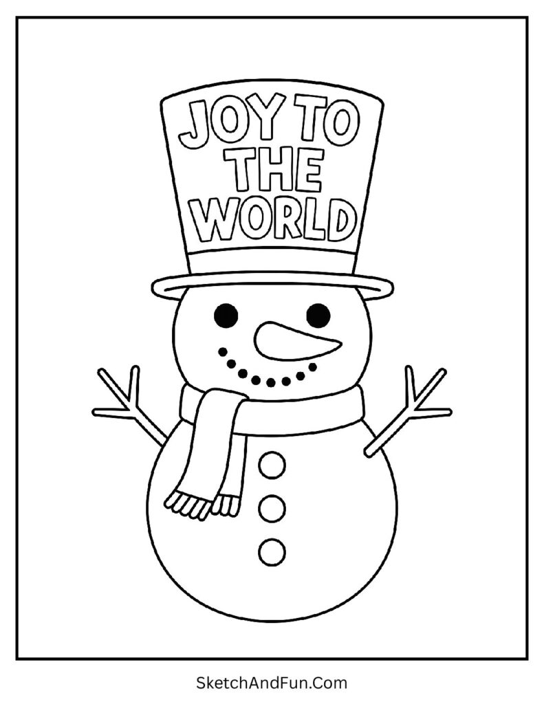 Snowman coloring pages with hat and “Joy to the World” holiday style