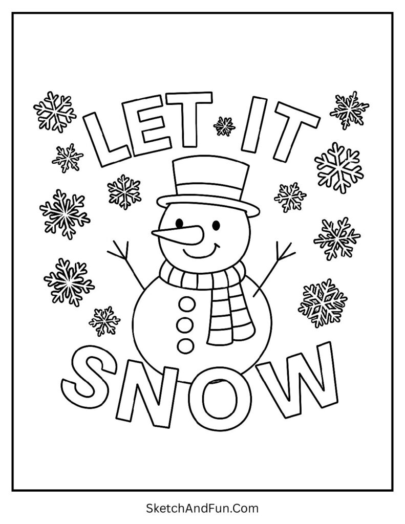 Easy Christmas coloring pages snowman with Let It Snow text and flakes