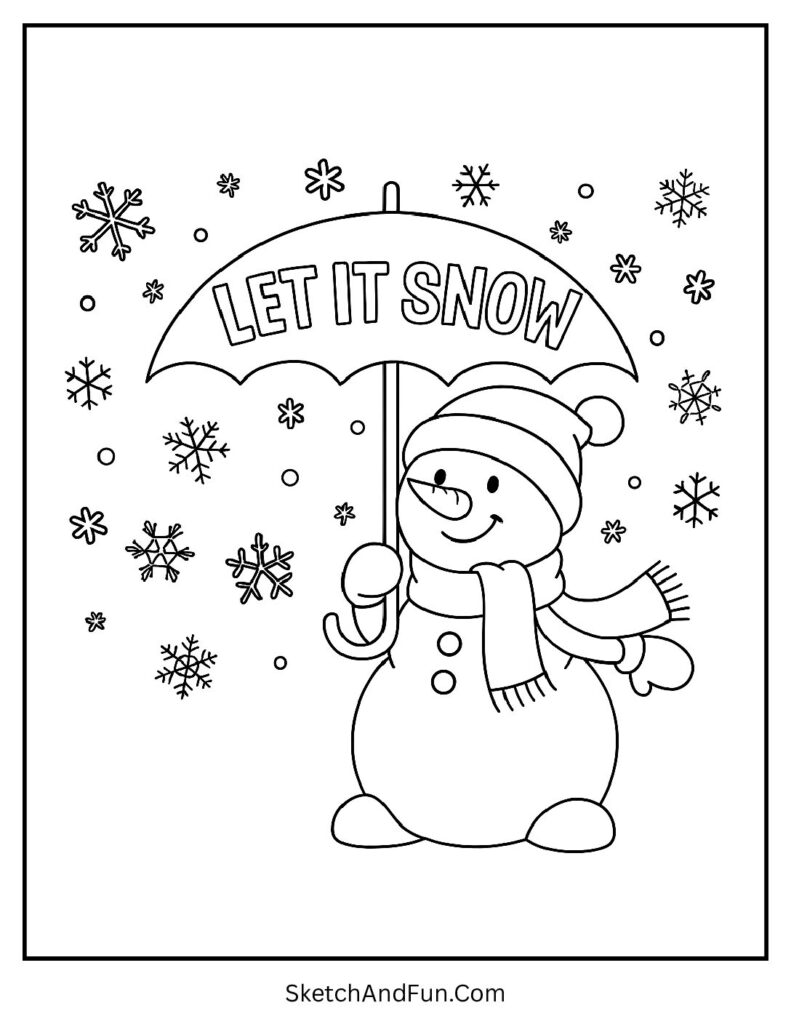 Winter snowman coloring pages holding “Let It Snow” umbrella and falling flakes