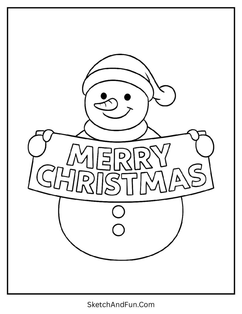 Christmas snowman coloring pages with festive “Merry Christmas” banner design