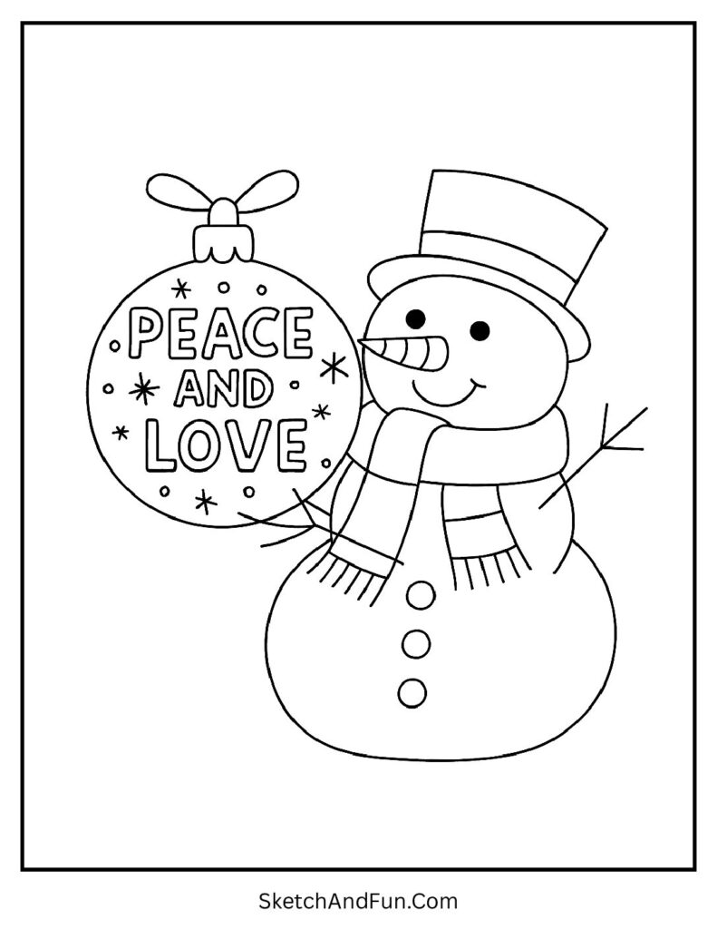 Snowman coloring pages holiday theme holding “Peace and Love” ornament