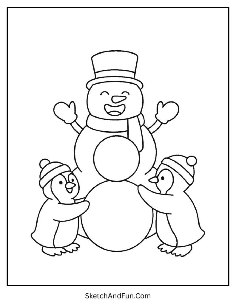 Snowman coloring pages fun scenes with penguin helpers stacking snowballs