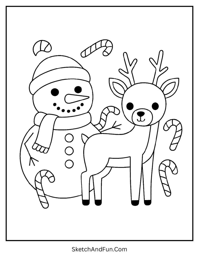 Snowman coloring pages to print featuring snowman with reindeer friend