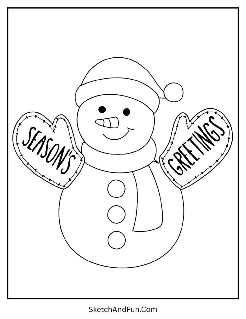 Snowman coloring pages printable with “Season’s Greetings” mitten design