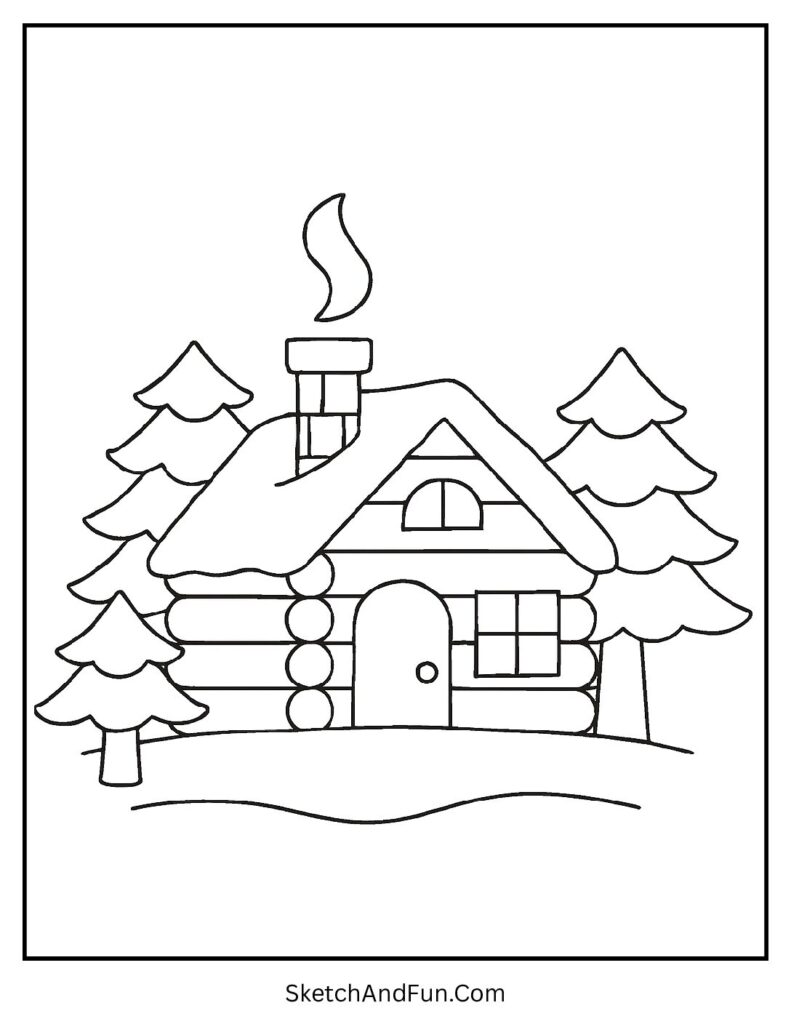 Christmas coloring pages winter scenes snowy cabin in woods