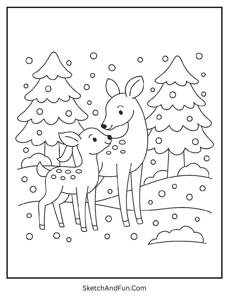 Mama deer and fawn in snowy forest, Christmas coloring pages winter animals scene.