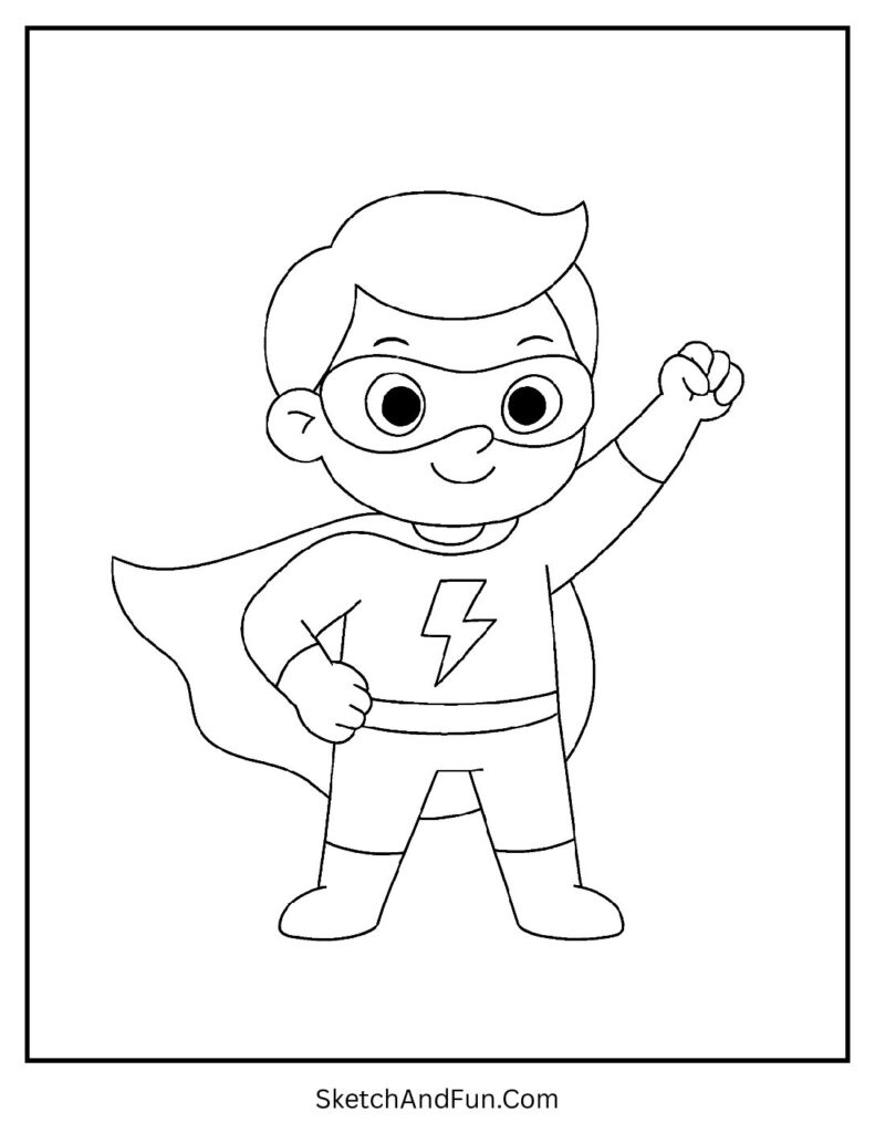 Superhero kid with cape and mask as easy letters coloring sheets free.
