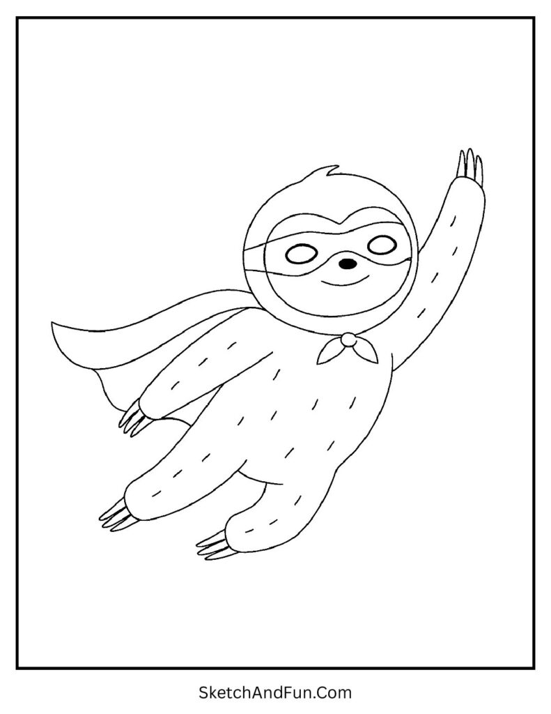 Slow superhero with cape flying in cartoon sloth coloring pages.