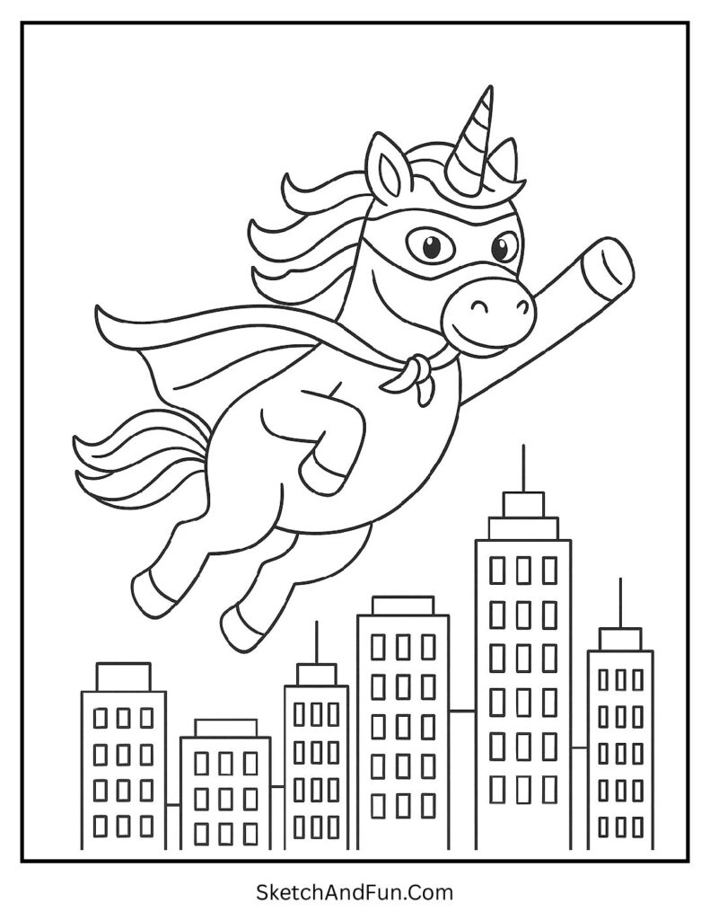 Unicorn coloring sheet easy with a superhero unicorn flying over buildings.