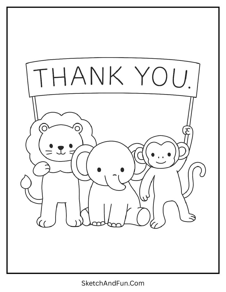 Thank you coloring pages for kids with cute animals holding a thank you banner.