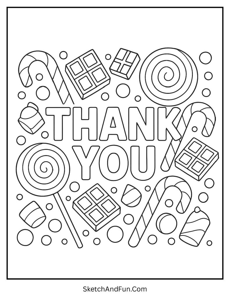 Thank you coloring sheet simple design with candy canes, lollipops, and sweets.