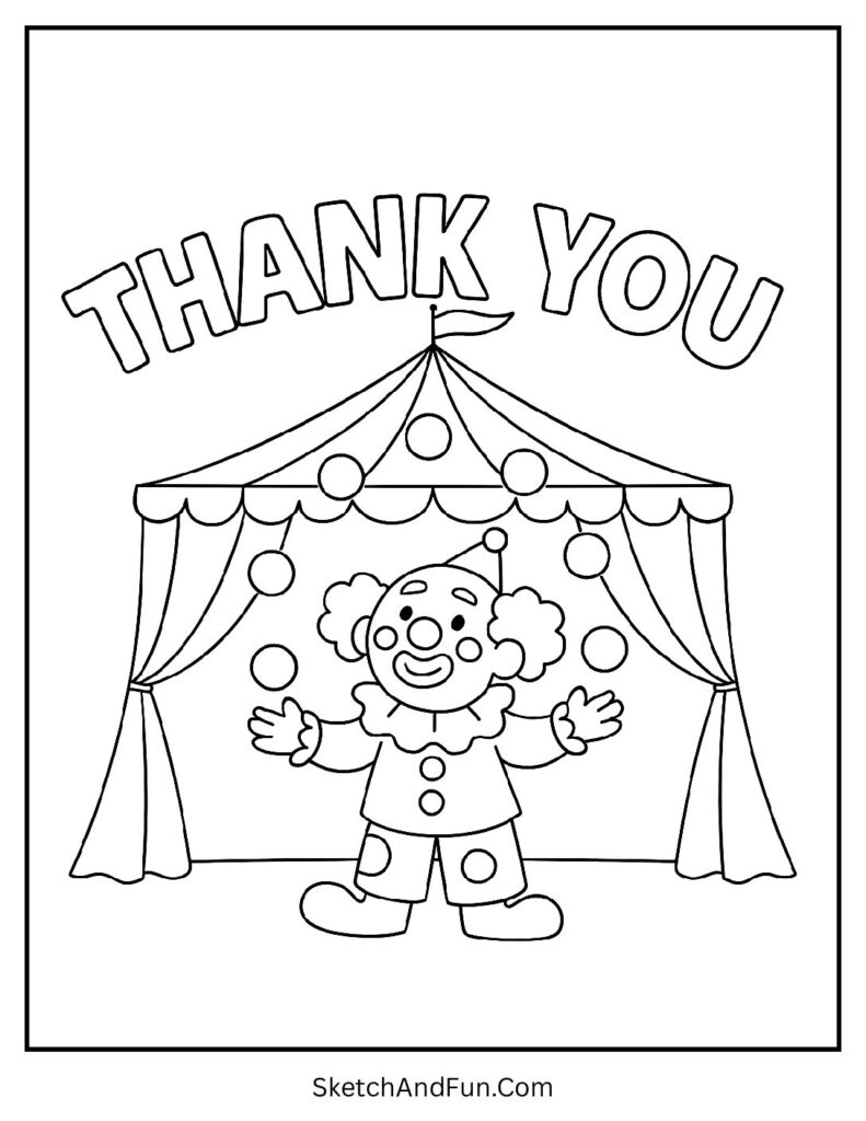 Thank you coloring pages for friends with a circus clown juggling happily.