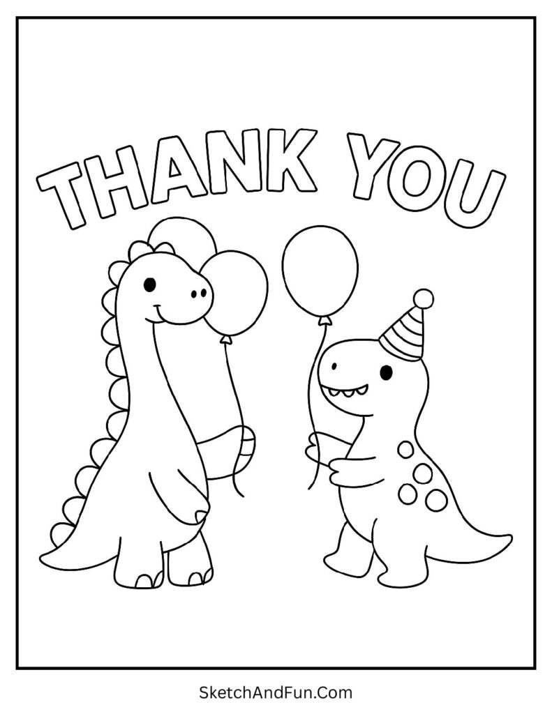 Personalized thank you coloring pages with dinosaurs holding balloons.