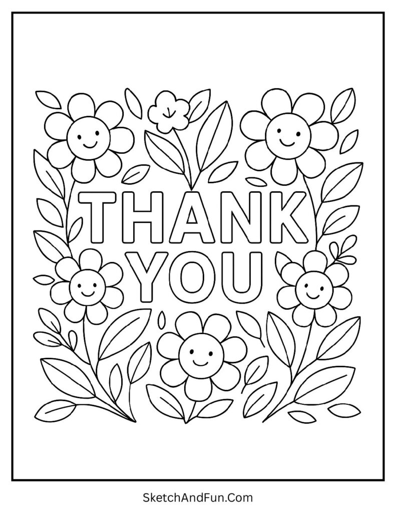 Floral thank you coloring page with smiling flowers and cheerful leaves.