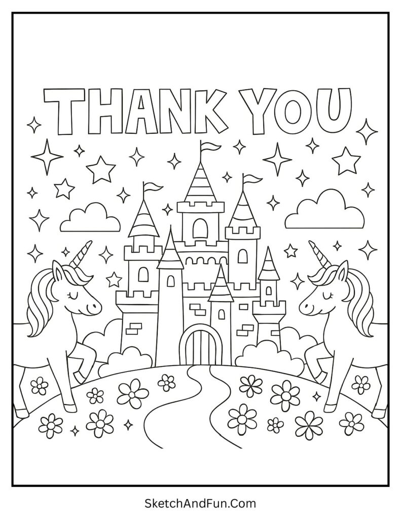 Mandala thank you coloring page with a magic castle, unicorns, and patterns.