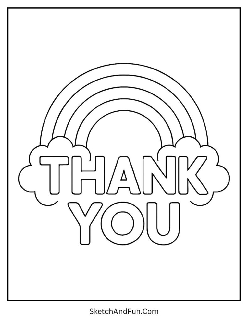 Thank you coloring pages printable rainbow with fluffy clouds for kids.