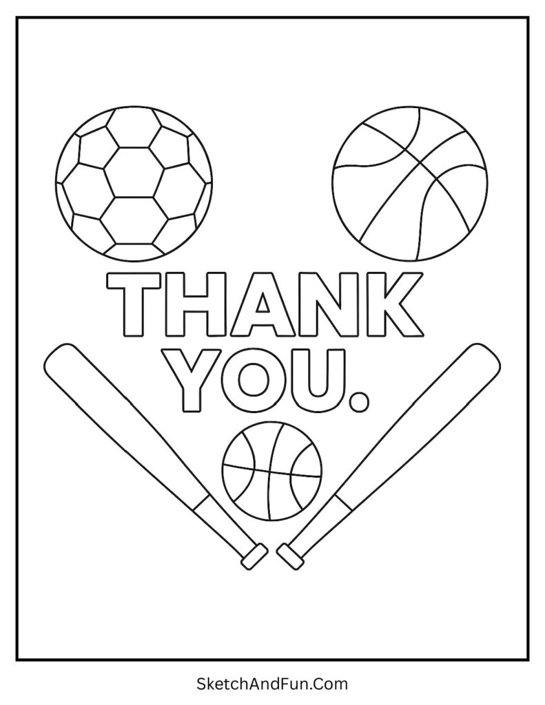 Large print thank you coloring pages with bold sports balls and equipment.