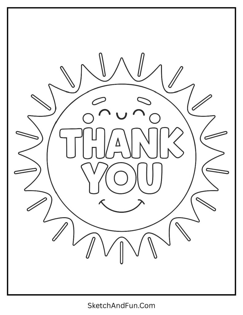 Cute thank you coloring pages with smiling sunshine and bright shining rays.