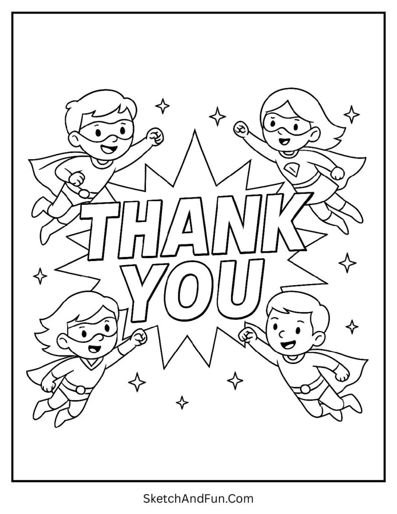 Thank you coloring pages pdf in superhero comic book style with flying kids.