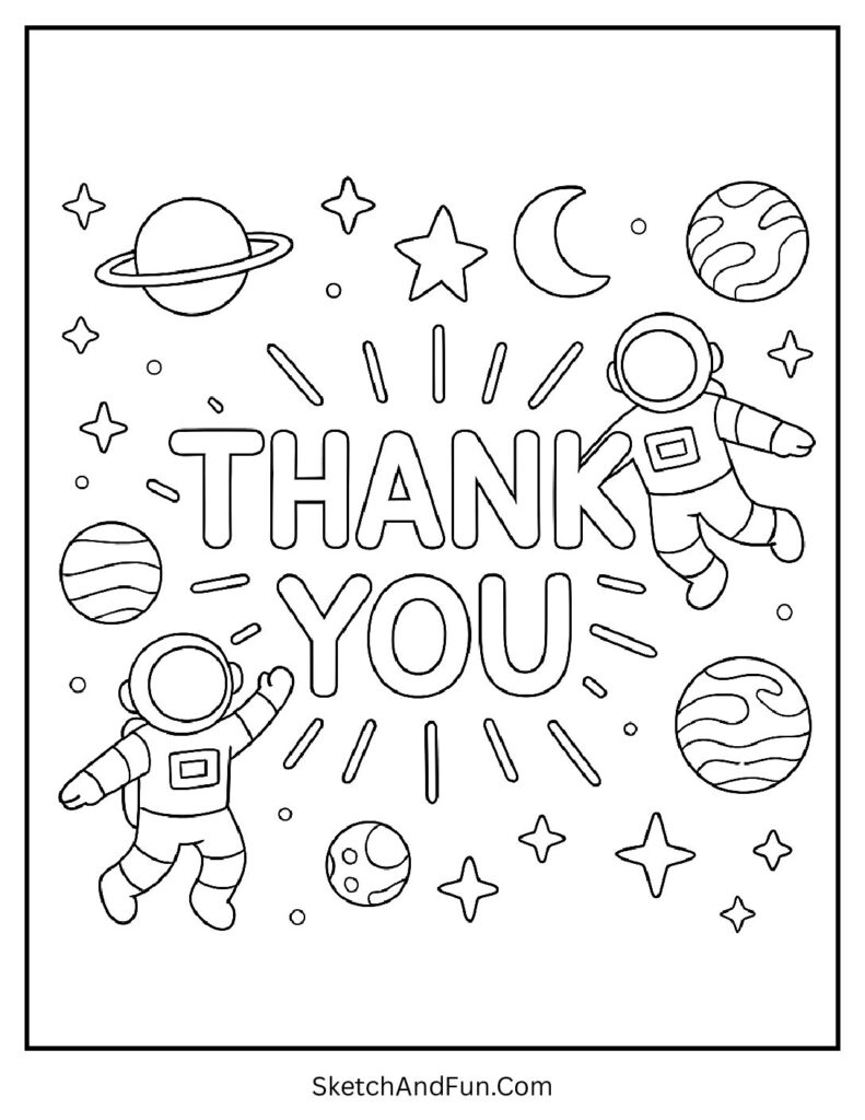 Adult thank you coloring pages with astronauts and planets in outer space.